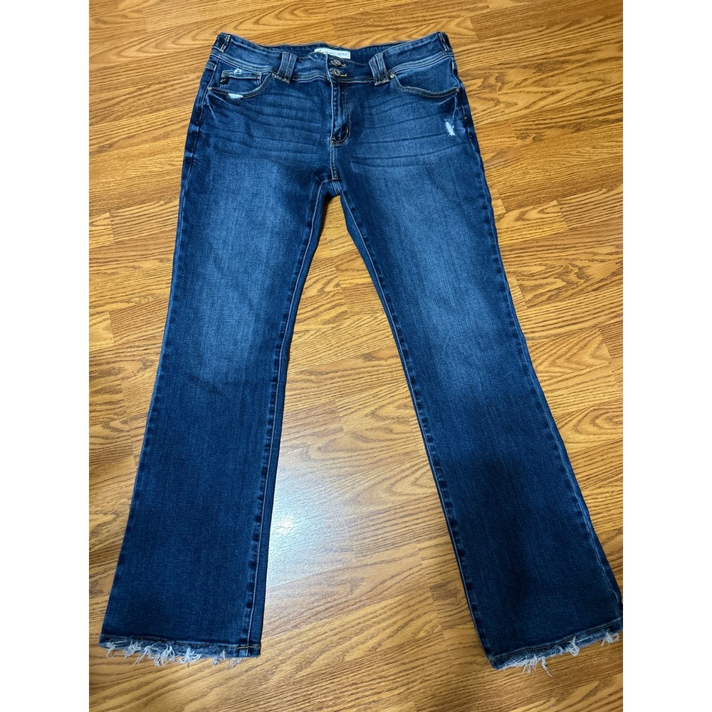 KanCan for Maurices Women Dk Wash Distressed Bootcut Jeans Raw Hem Dbl Button 33